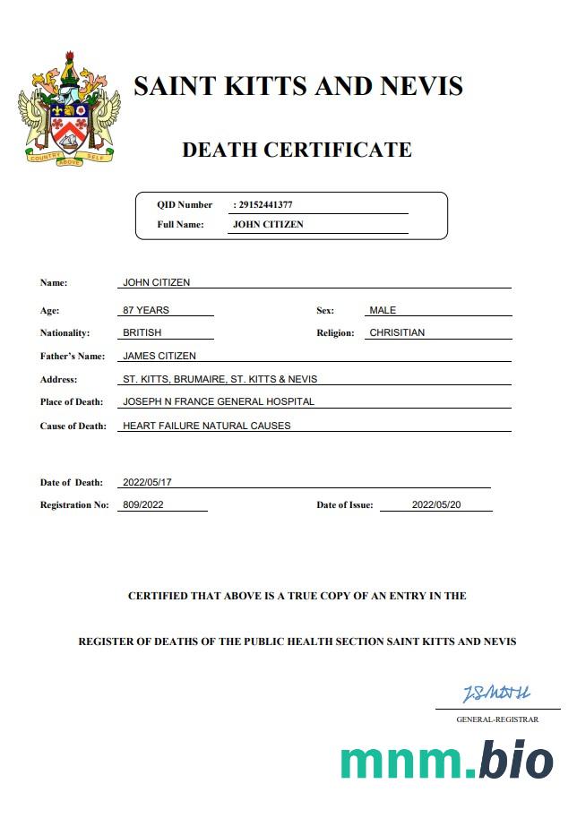 Saint Kitts and Nevis rekord życiowy śmierć certyfikat Word i PDF szablon